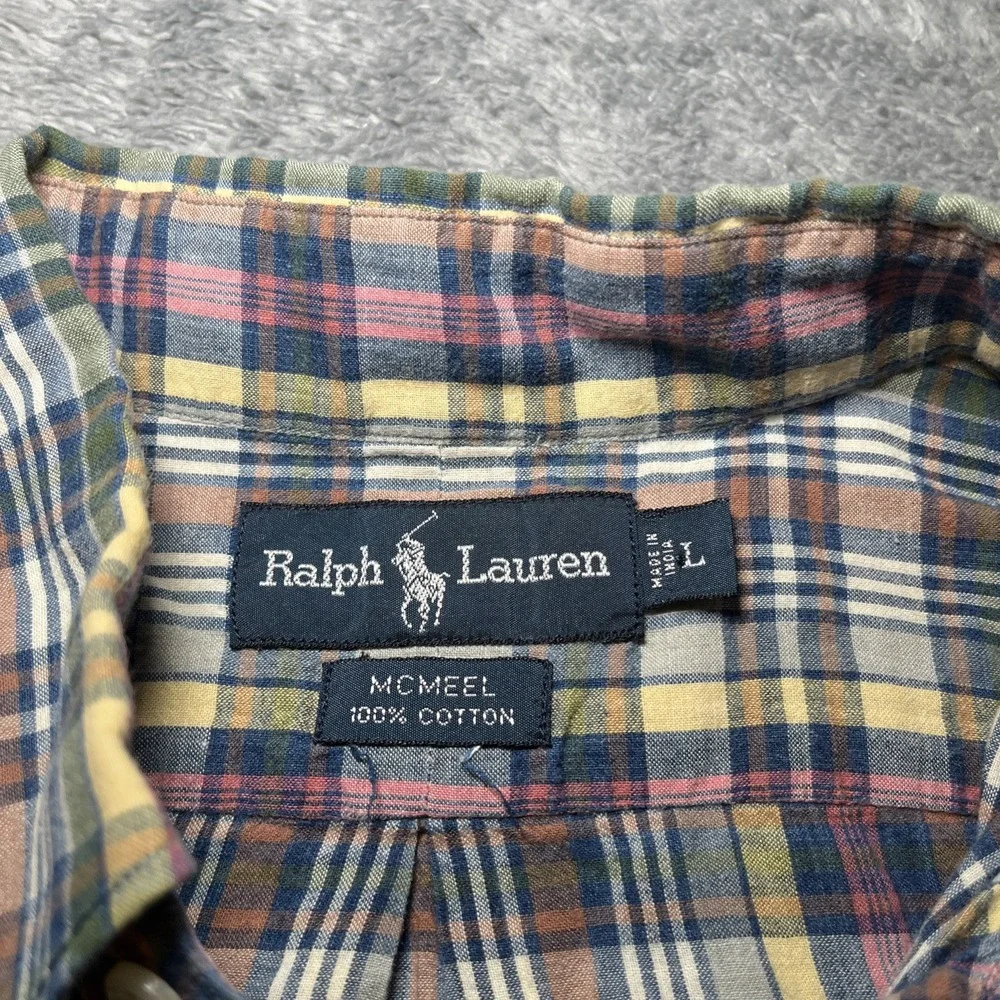 VTG Ralph Lauren Mcmeel Short Sleeve Plaid Polo Button Down Shirt Navy Pony SZ L